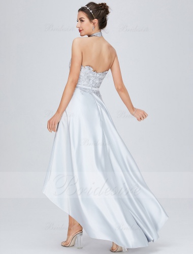 A-line Halter Asymmetrical Chiffon Homecoming Dress with Lace
