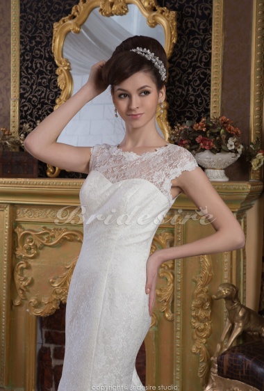 Trumpet/Mermaid Jewel Floor-length Sweep Train Short Sleeve Satin Lace Wedding Dress
