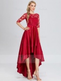 A-line Scoop Asymmetrical Satin Evening Dress with Lace