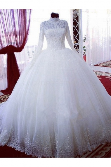 Ball Gown High Neck Long Sleeve Lace Wedding Dress