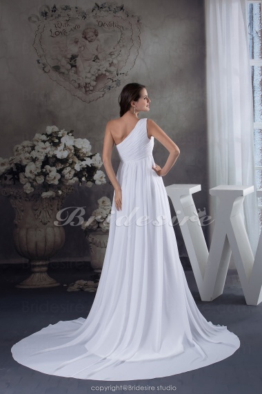 A-line One Shoulder Floor-length Sweep/Brush Train Sleeveless Chiffon Wedding Dress