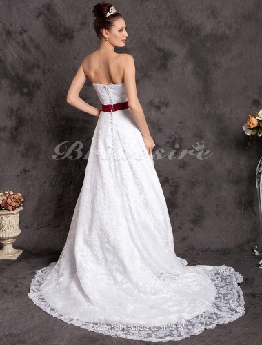 A-line Belt Court Train Lace Satin Sweetheart Wedding Dress