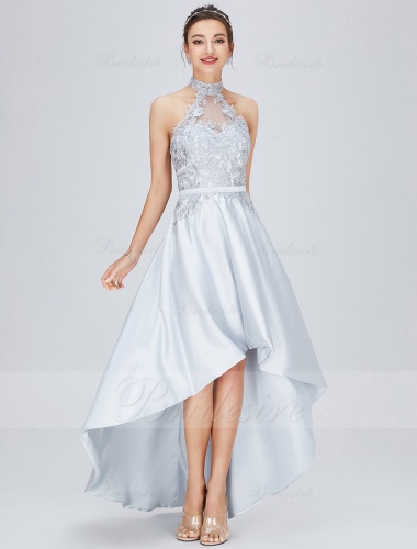 A-line Halter Asymmetrical Chiffon Homecoming Dress with Lace