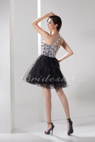 A-line One Shoulder Short/Mini Sleeveless Sequined Organza Dress