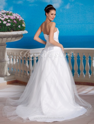 A-Line Tulle Satin Wedding Dress with Bow and Draped 