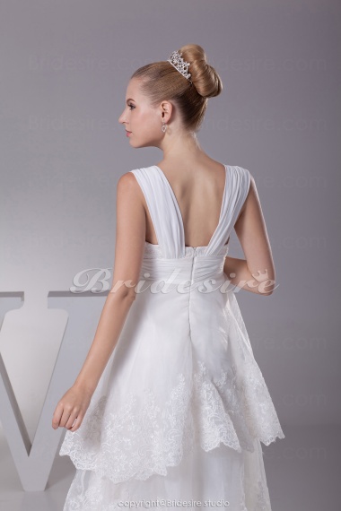 A-line Sweetheart Asymmetrical Tea-length Sleeveless Satin Organza Wedding Dress