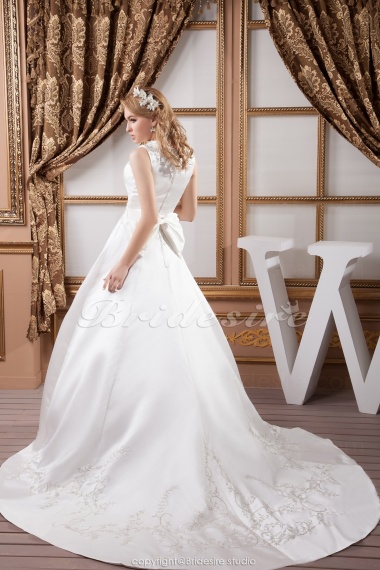 A-line Jewel Floor-length Cathedral Train Sleeveless Satin Wedding Dress