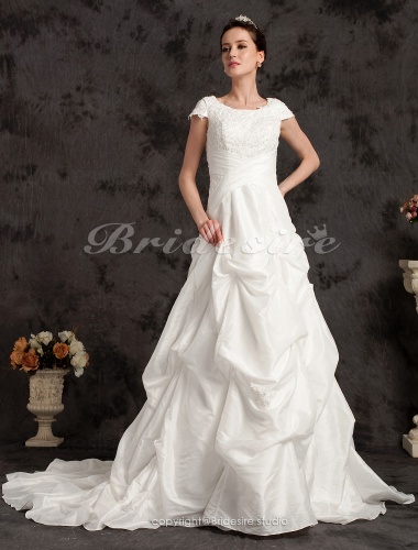 A-line Princess Taffeta Court Train Scoop Wedding Dress With Beaded Appliques