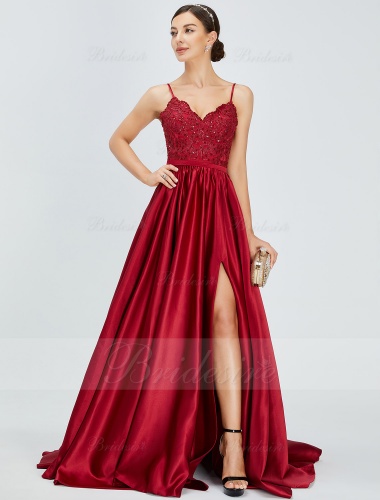 Ball Gown V-neck Sweep/Brush Train Satin Prom Dress with Split Front