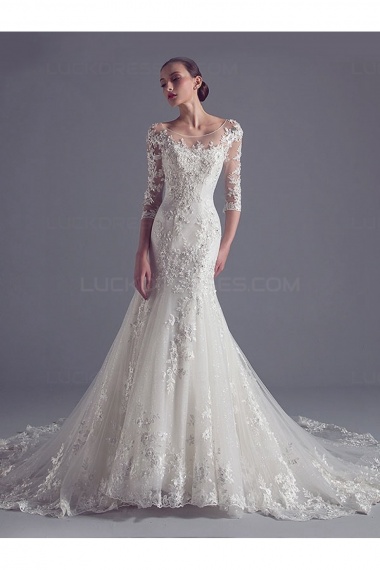 Trumpet/Mermaid Scoop 3/4 Length Sleeve Lace Wedding Dress