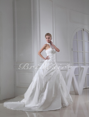 Ball Gown High Neck Chapel Train Sleeveless Satin Lace Wedding Dress