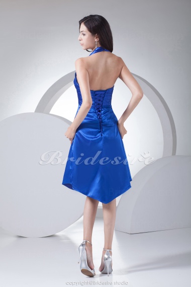 A-line V-neck Halter Knee-length Sleeveless Stretch Satin Dress