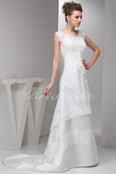 A-line V-neck Court Train Sleeveless Satin Lace Wedding Dress