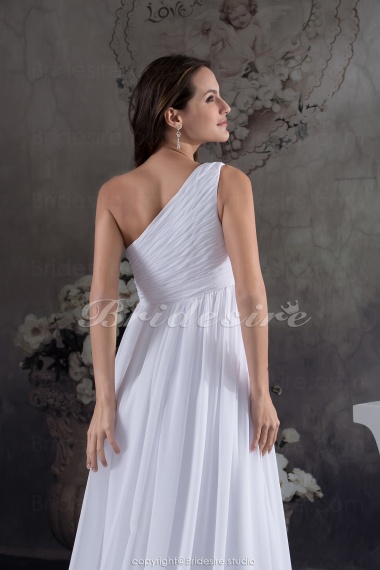 A-line One Shoulder Floor-length Sweep/Brush Train Sleeveless Chiffon Wedding Dress