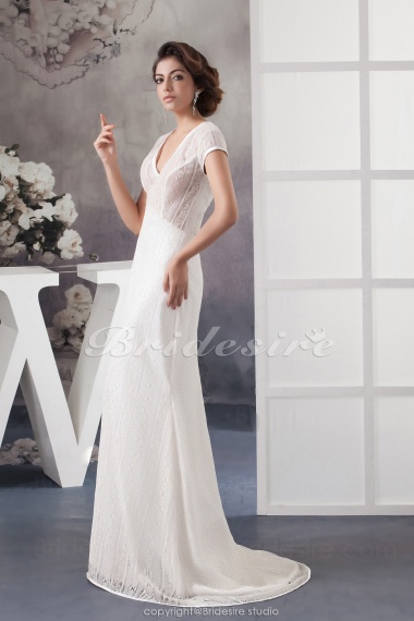 Sheath/Column V-neck Floor-length Short Sleeve Lace Wedding Dress