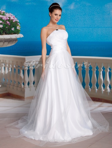 A-Line Tulle Satin Wedding Dress with Bow and Draped 