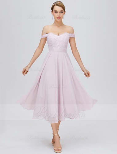 A-line Off-the-shoulder Tea-length Chiffon Bridesmaid Dress with Lace