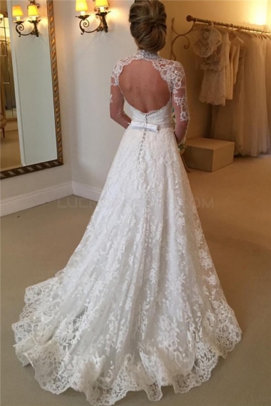 A-line High Neck Long Sleeve Tulle Wedding Dress