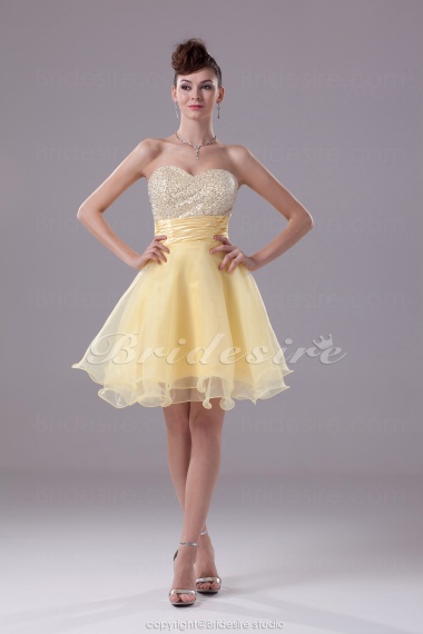 A-line Sweetheart Short/Mini Sleeveless Sequined Stretch Satin Organza Dress