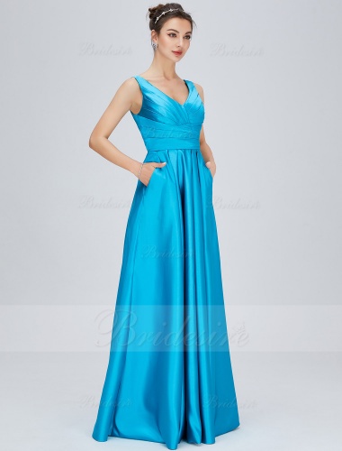 A-line V-neck Floor-length Satin Bridesmaid Dress