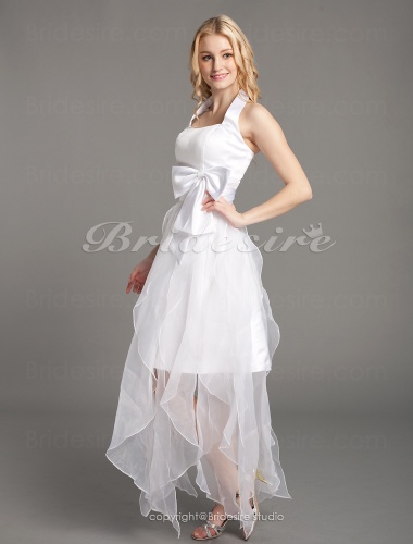 A-line Satin And Organza Asymmetrical Halter Bridesmaid Dress With Bow(s) 
