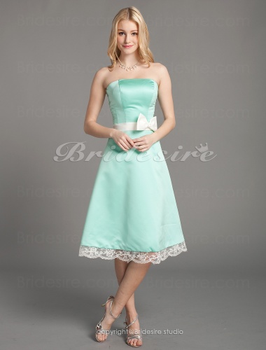 A-line Satin Lace Knee-length Strapless Bridesmaid Dress
