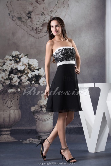 A-line Strapless Knee-length Sleeveless Satin Dress