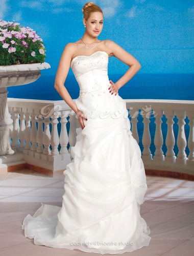 A-line Satin And Organza Court Train Strapless Wedding Dress
