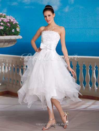 Ball Gown Organza Asymmetrical Strapless Wedding Dress With Removable Cathedral Train