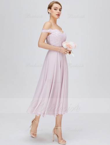 A-line Off-the-shoulder Tea-length Chiffon Homecoming Dress with Lace