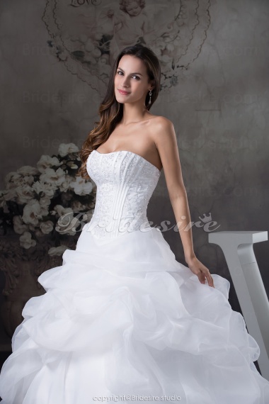 Ball Gown Strapless Chapel Train Sleeveless Organza Wedding Dress