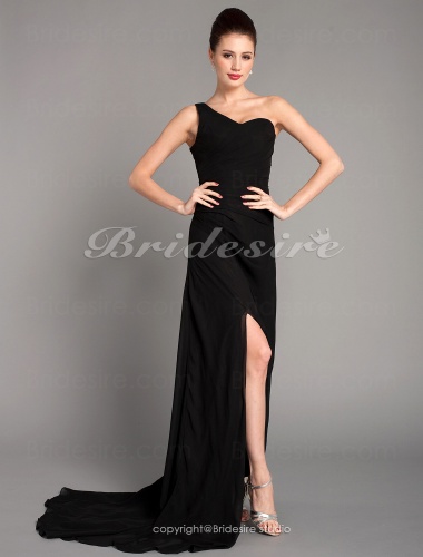 Column Chiffon Over Stretch Satin Sweep Train One Shoulder Evening Dress inspired by Jennifer Aniston at Golden Globe