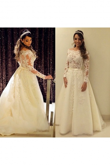 A-line Square Long Sleeve Tulle Wedding Dress