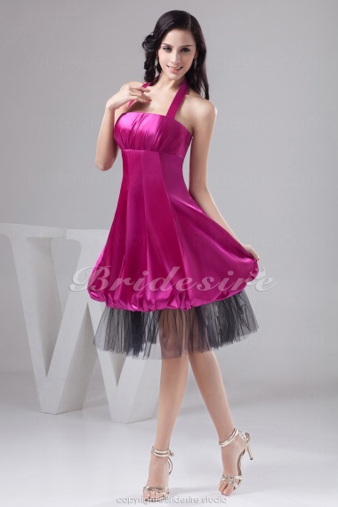 A-line Halter Tea-length Sleeveless Satin Tulle Dress