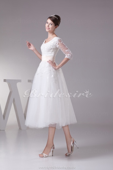 Princess Scoop Tea-length 3/4 Length Sleeve Tulle Satin Wedding Dress