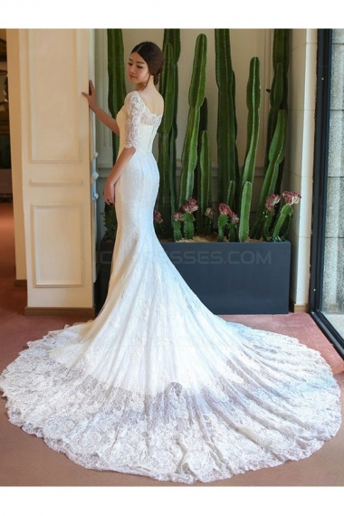 Trumpet/Mermaid Off-the-shoulder Half Sleeve Lace Wedding Dress