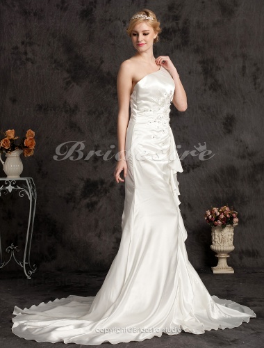 Sheath/ Column Chiffon Court Train One Shoulder Wedding Dress