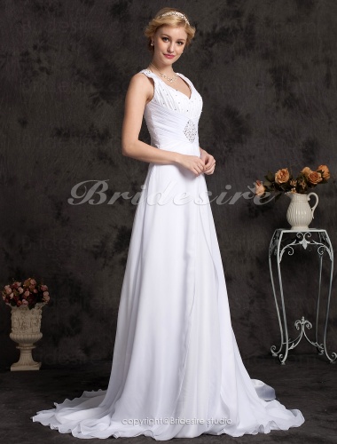 A-line Chiffon Chapel Train V-neck Plus Size Wedding Dress