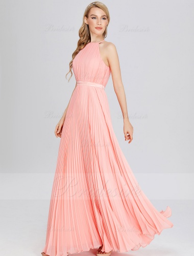 A-line Scoop Floor-length Sleeveless Chiffon Bridesmaid Dress