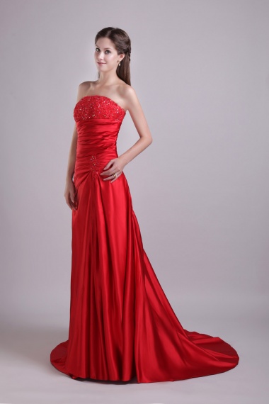 A-line Strapless Sweep/Brush Train Tulle Sequins Prom Dress