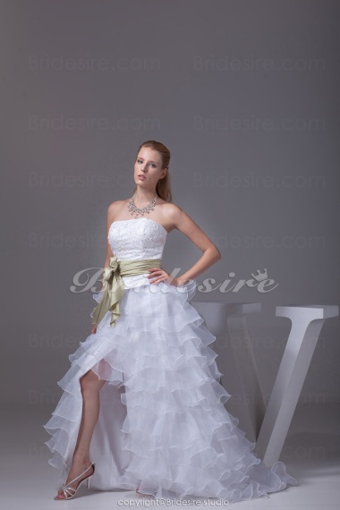 A-line Strapless Asymmetrical Court Train Sleeveless Organza Lace Taffeta Wedding Dress