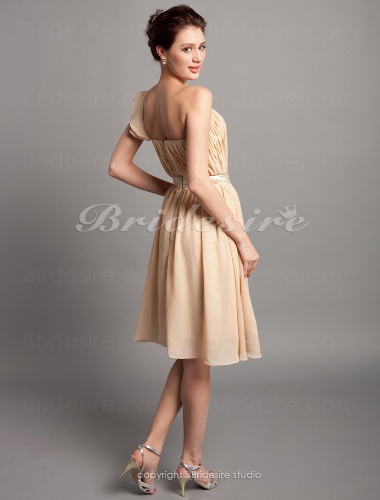 Sheath/ Column Knee-length Draped Chiffon One Shoulder Bridesmaid Dress