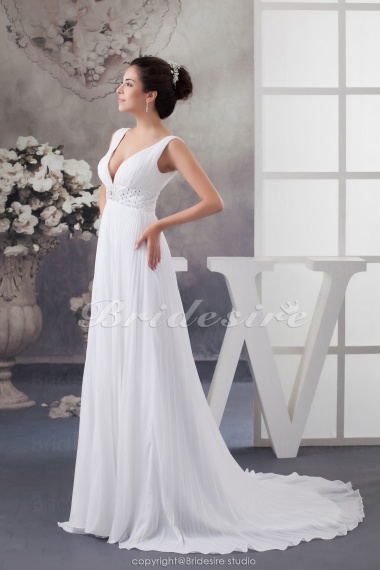 A-line V-neck Floor-length Sweep Train Sleeveless Chiffon Wedding Dress