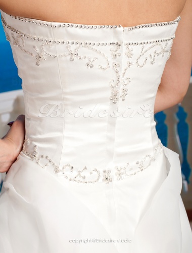 A-line Satin And Organza Court Train Strapless Wedding Dress