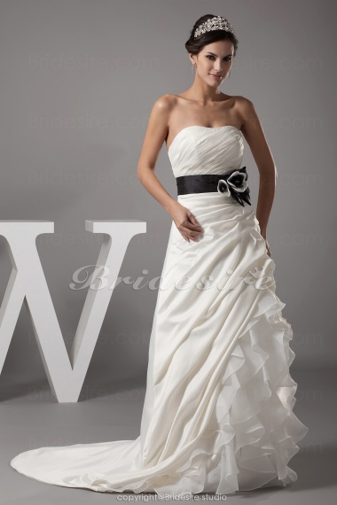 Ball Gown Strapless Sweep Train Sleeveless Satin Organza Wedding Dress