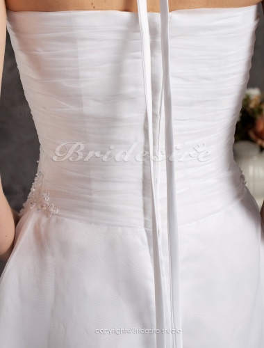 A-line Organza Tea-length Halter Wedding Dress with Beaded Appliques