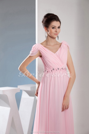 A-line V-neck Floor-length Short Sleeve Chiffon Dress