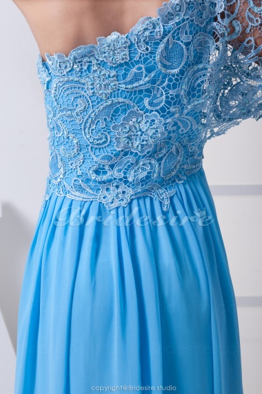 Sheath/Column One Shoulder Floor-length Short Sleeve Chiffon Lace Dress