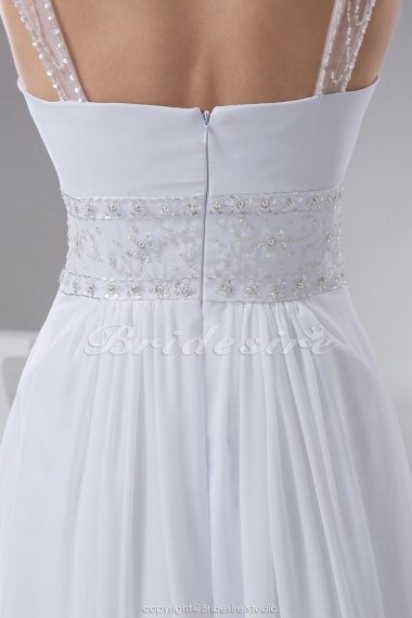 A-line Straps Chapel Train Sleeveless Chiffon Tulle Wedding Dress