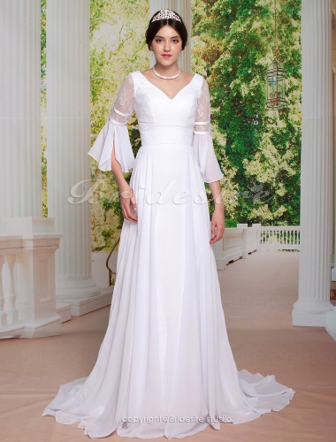 Sheath/Column Lace Chiffon Brush/Sweep Train Wedding Dress